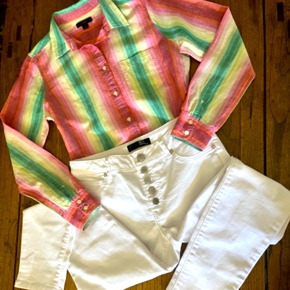 Women's J. Crew, Rainbow Brights, Striped Linen LS Top/Shirt/Blouse 4